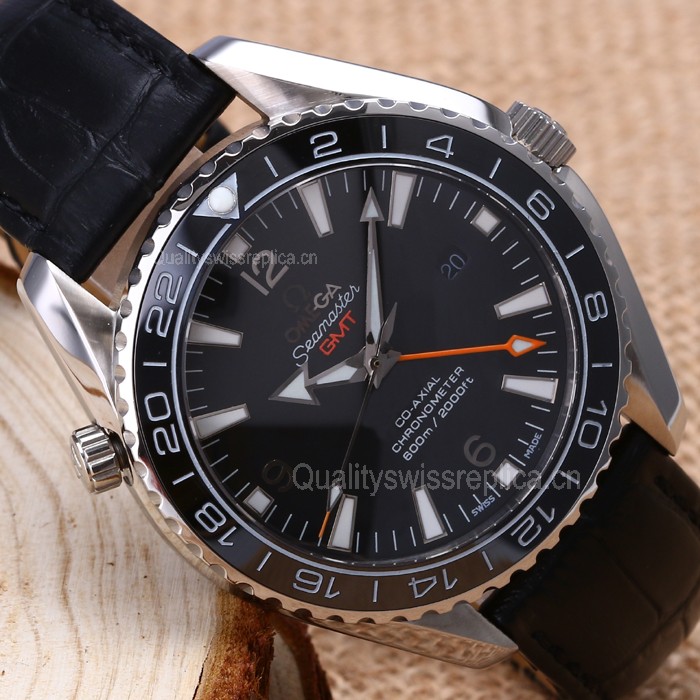 Omega Sea-Master GMT Automatic Watch-Ceramic Bezel-Black Dial With Orange GMT Hand-Black Leather Strap