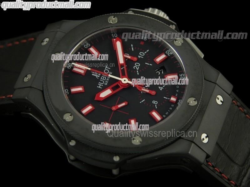 Hublot Big Bang Chronograph-BMatte black dial red hour indications-Crocodile leather strap 