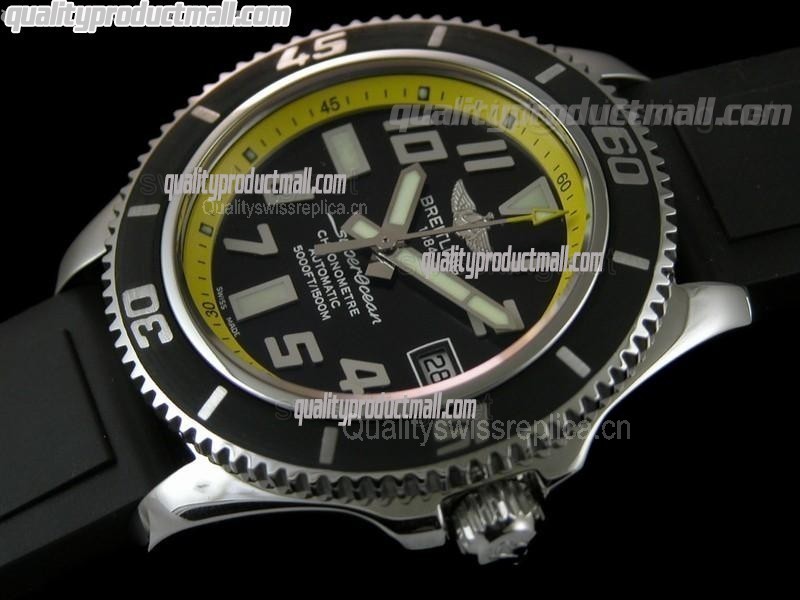 Breitling SuperOcean Abyss 42MM Automatic Watch-Black Dial Yellow Inner Bezel-Pro Diver Black Rubber Strap