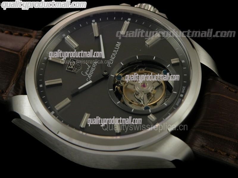 Tag Heuer Grand Carrera Tourbillon Handwould Watch-Black dial Steel Markers-Brown Leather strap