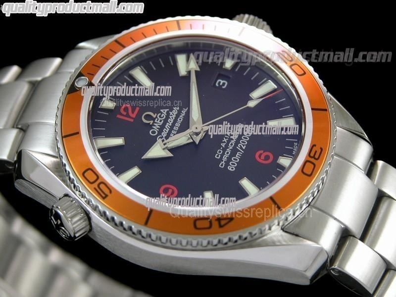 Omega Sea-Master Automatic-Black Dial Orange Bezel-Lumed Stick Markers-Brushed Stainless Steel Strap