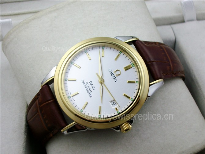 Omega De Ville Automatic 18k Gold-White Dial-Gormment Markers-Brown Genuine Leather Strap