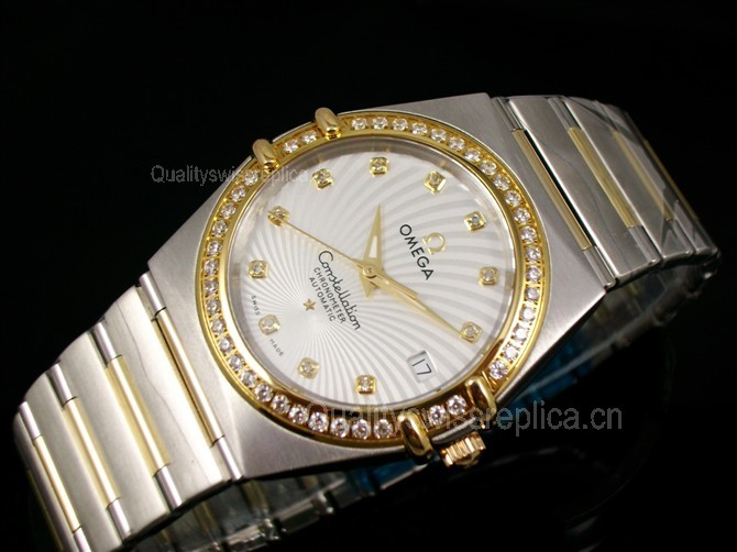 Omega Constellation OM6125 Automatic-18k Gold White Dial-Stainless Steel TT Linked Strap