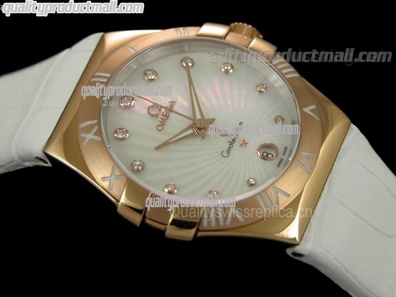 Omega Constellation Midsize 18k Rose Gold-Fan Shell Design White Dial-White Leather Strap