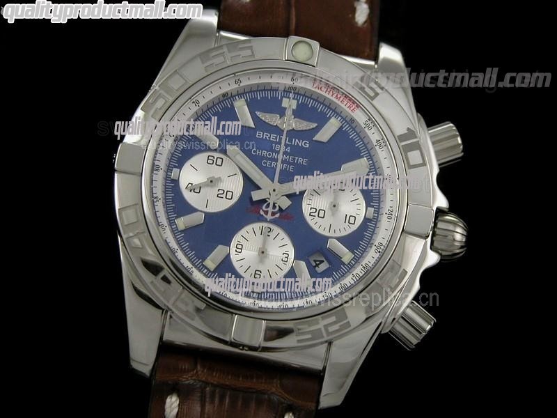 Breitling Chronomat B01 Chronograph-Blue Dial Index Hour Markers-Brown Leather Strap 