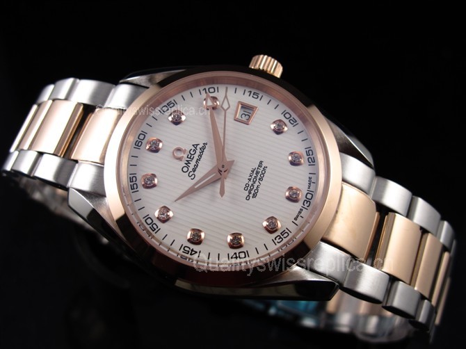 Omega Sea-Master OM6193 Automatic 18k Rose Gold-White Dial-Diamond Markers-Brushed Stainless Steel Strap