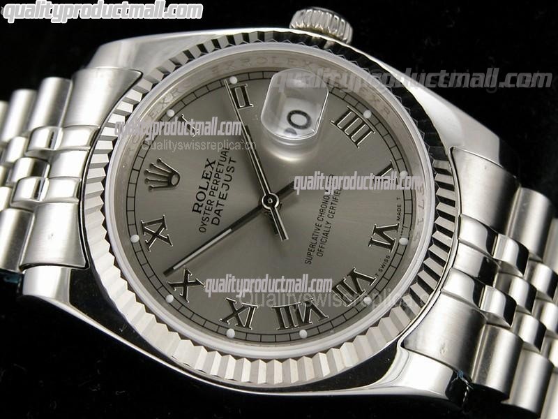 Rolex Datejust 36mm Swiss Automatic Watch-Grey Dial Roman Numerals-Stainless Steel Jubilee Bracelet 
