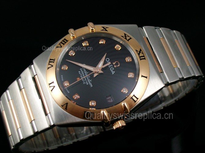 Omega Constellation OM6103 Automatic-18k Rose Gold Black Dial-Stainless Steel TT Linked Strap
