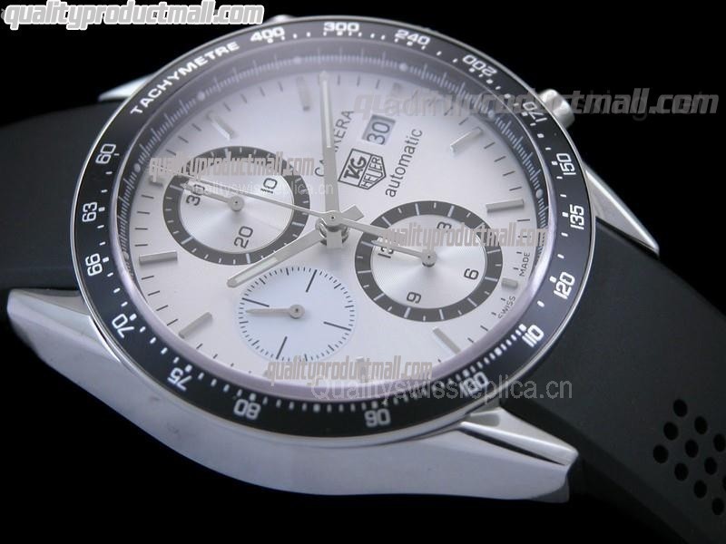 Tag Heuer Carrera 41MM Automatic Chronograph-White Dial Black Ring subdials-Black Rubber Strap 