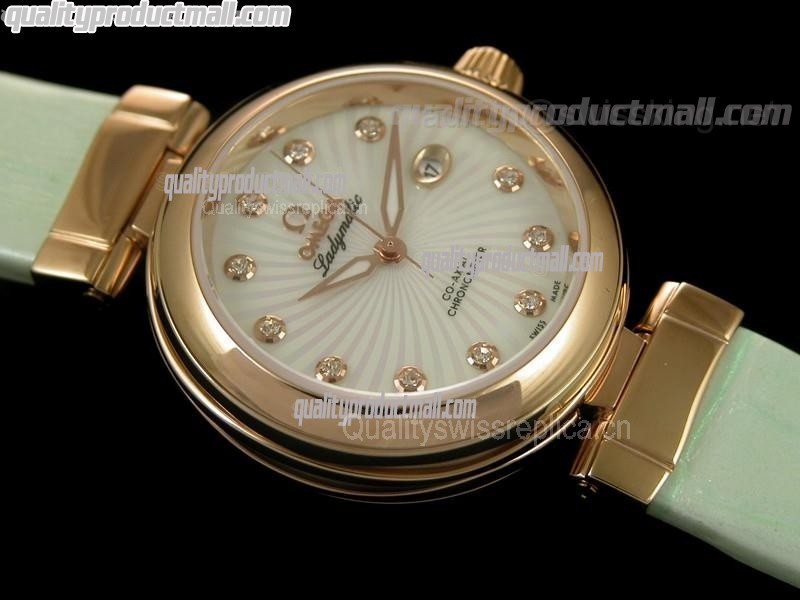 Omega Deville Ladymatic 18k Rose Gold Swiss Automatic Watch-White Coral Design Dial-Green Leather strap