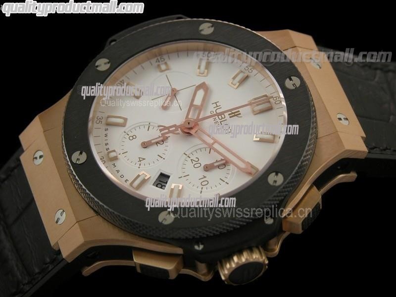 Hublot Big Bang Evolution Ultimate Chronograph 18K Rose Gold-Matt White Dial Lumed Steel Markers-Black Calf Leather strap 