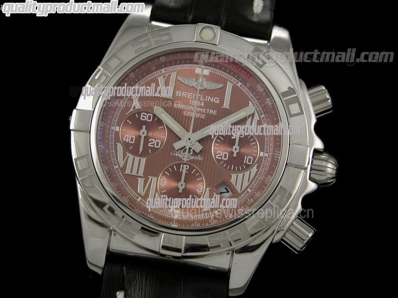 Breitling Chronomat B01 Chronograph-Brown Dials Roman Numerals Hour Markers-Black Leather Strap