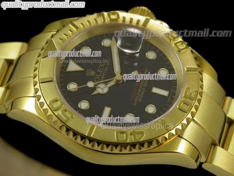 Rolex Yachtmaster II Gold Swiss ETA-Black Dial White Dot Markers-Gold Plated Stainless Steel Oyster Strap