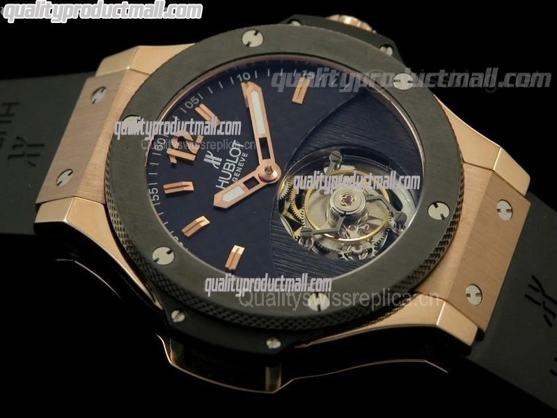 Hublot Big Bang Flying Tourbillon 18k Rose Gold-Black Dial Index/Numeral Hour Markers-Black Rubber Strap