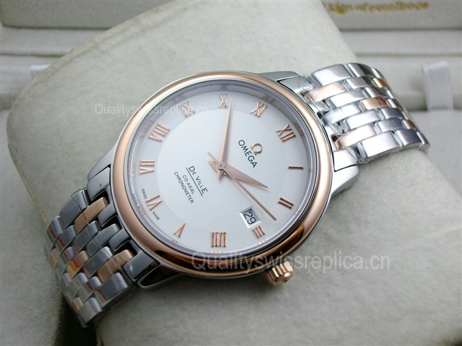 Omega De Ville 4370.71.00 Automatic 18k Rose Gold-White Dial-Roman Number Markers-Stainless Steel Strap