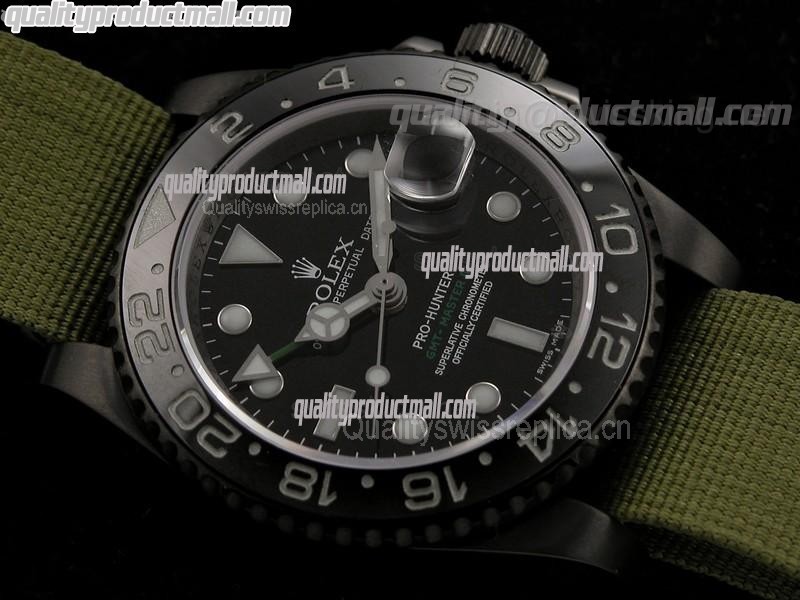 Rolex GMT II Pro Hunter Automatic Watch-Black Dial Large Dot Hour Markers-Light Green Nylon NATO Strap