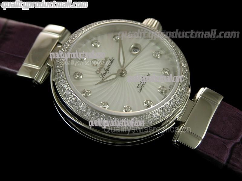 Omega Deville Ladymatic Diamond Swiss Automatic Watch-White Coral Design Dial-Purple Leather strap
