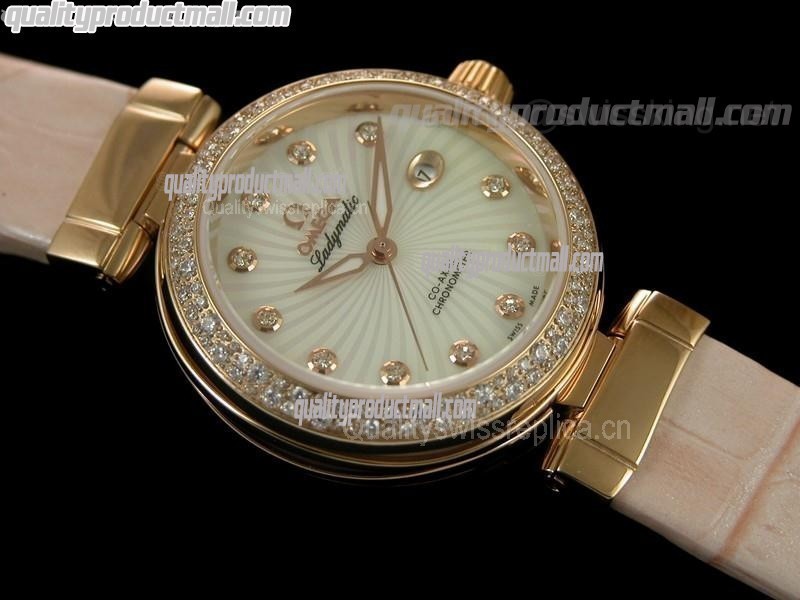 Omega Deville Ladymatic 18k Rose Gold Diamond Swiss Automatic Watch-White Coral Design Dial-Pink Leather Strap