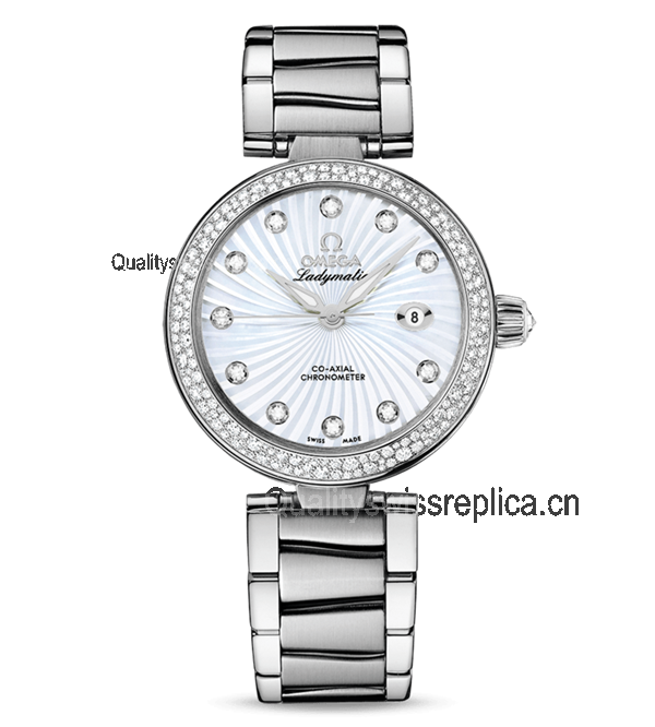 Omega Deville Ladymatic Diamond Swiss Automatic Watch-White Coral Design Dial-Stainless Steel Link