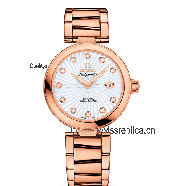 Omega Deville Ladymatic 18k Rose Gold Swiss Automatic Watch-White Coral Design Dial-Stainless Steel Link