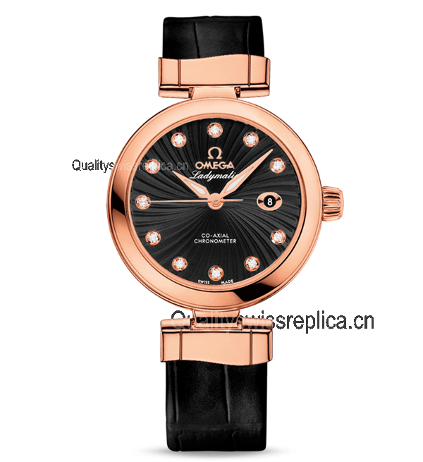 Omega Ladymatic 18k Rose Gold Swiss Automatic Watch-Black Coral Design Dia-Black Leather Strap