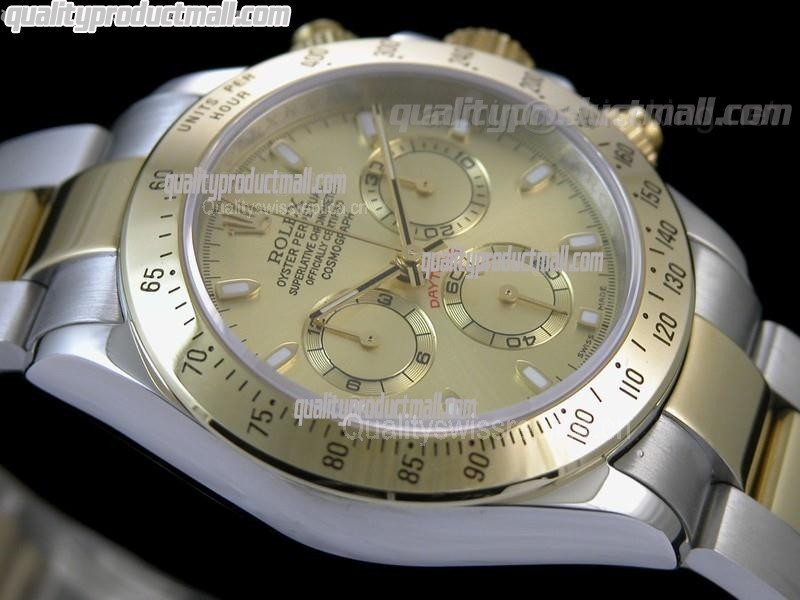 Rolex Daytona Swiss 18K Gold Bi Tone Chronograph-Gold Dial Gold Ring Subdials-Stainless Steel Oyster Bracelet