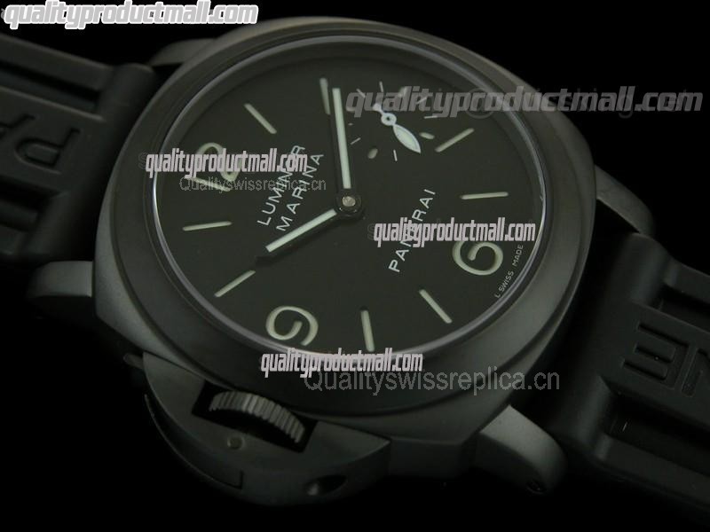 Panerai PAM005 Handwound Watch-Black Dial/Subdials-Black Rubber Strap
