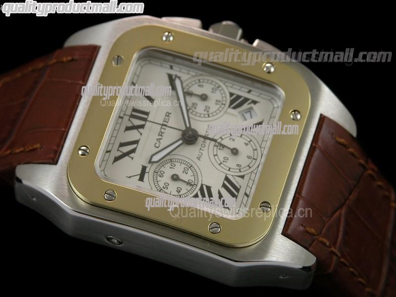 Cartier Santos 100th Anniversary Automatic Watch 18K Gold-White Dial-Crocodile Brown Leather Strap