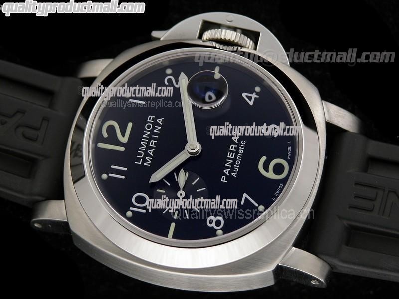 Panerai Luminor Marina PAM164 Automatic Chronograph-Blue Dial Numeral/Index Hour Markers-Black Rubber Strap