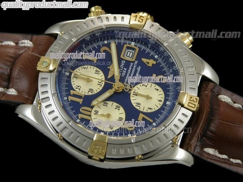 Breitling Choromat Evoluliton V3 Chronograh - Blue Dial - Bi Tone - Brown Leather Strap - Numerals