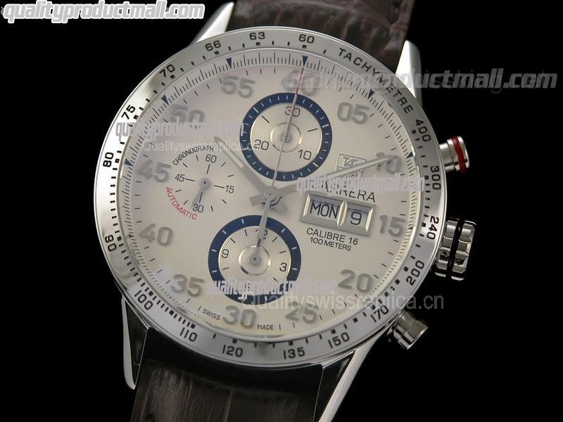 Tag Heuer Carrera Calibre 16 Day Date Automatic Chronograph-White Dial Blue Ring Subdials-Brown Leather Strap