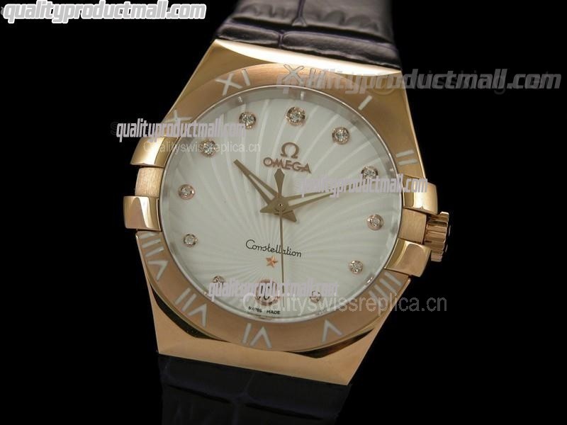 Omega Constellation Midsize 18k Rose Gold Swiss Quartz-Fan Shell Design White Dial-Black Leather Strap