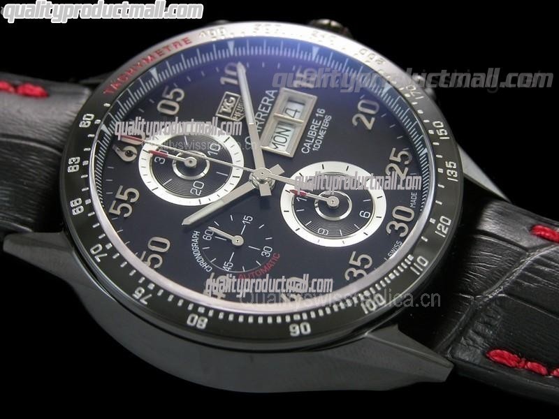 Tag Heuer Carrera Calibre 16 Limited Edition Chronograph-Black Dial White ring subdials-Black Leather strap(Red Stitch) 