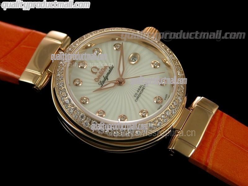 Omega Deville Ladymatic 18k Rose Gold Swiss Automatic Watch-White Coral Design Dial-Orange Leather Strap