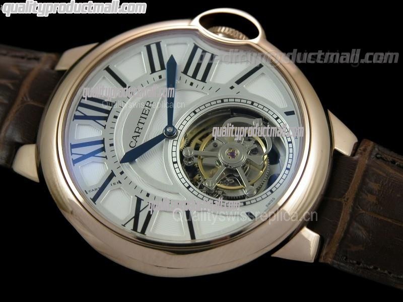 Cartier Blue Ballon Flying Tourbillon Watch 18K Rose Gold-White Duo Tier Dial-Brown Leather Strap