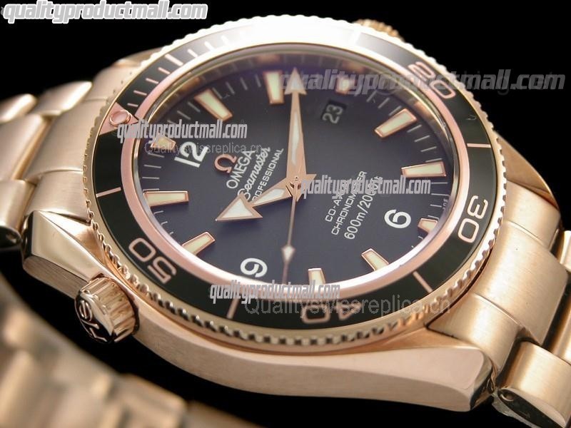 Omega Sea-Master Automatic 18k Rose Gold-Black Dial Black Bezel-Lumed Stick Markers-Brushed Stainless Steel Strap