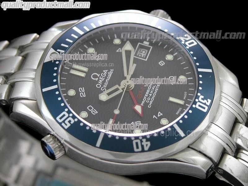 Omega Sea-Master GMT Automatic-Black Dial with Stick/Dot Markers-Brushed Stainless Steel Strap