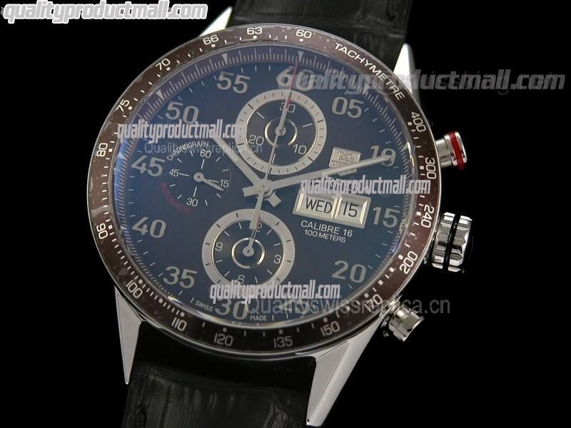 Tag Heuer Carrera Calibre 16 Day Date Automatic Chronograph-Blue Dial White Ring Subdials-Black Leather Strap