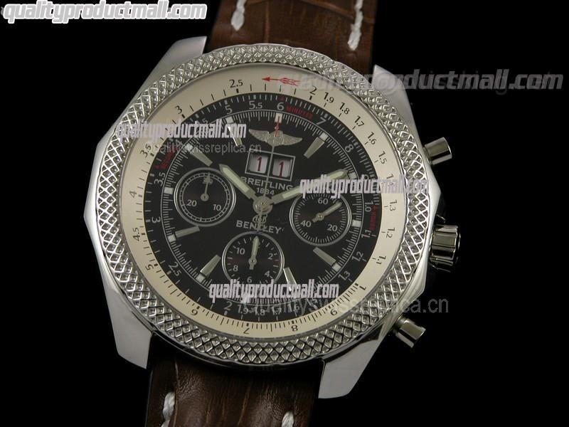 Breitling Bentley 6.75 Big Date Chronograph-Black Dial Black Subdials-Brown Leather Strap