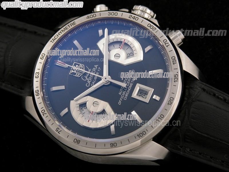 Tag Heuer Grand Carrera Calibre 17 Automatic Chronograph-Blue Dial Silver Subdials-Black Leather strap