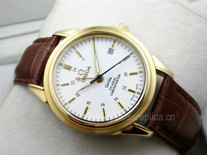 Omega De Ville Automatic 18k Gold-White Dial-Gormment Number Markers 4 Needles-Brown Genuine Leather Strap