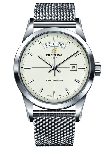 Breitling Transocean Day-Date Automatic Watch SS White Dial 43mm