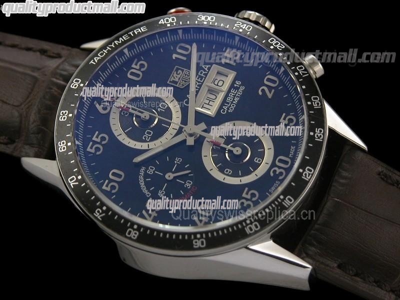 Tag Heuer Carrera Calibre 16 Day Date Automatic Chronograph-Blue Dial White Ring Subdials-Brown Leather Strap