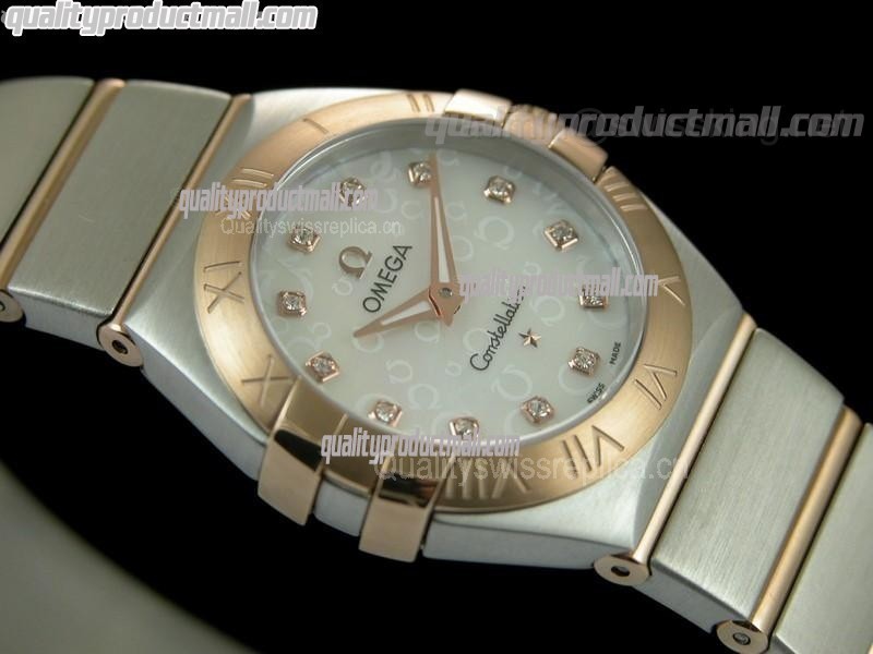 Omega Constellation Ladies Perlmutt Swiss Quartz-18k Rose Gold White Dial-Stainless Steel TT Linked Strap