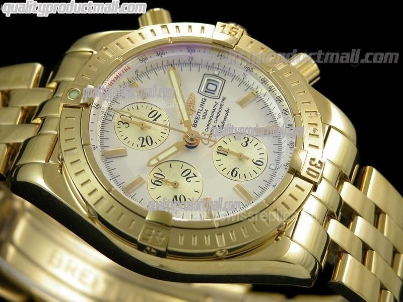Breitling Chronomat Evolution V3 Chronograph 18K Gold-White Dial Gold Subdials Gold Index Hour Markers-Stainless Steel Bracelet