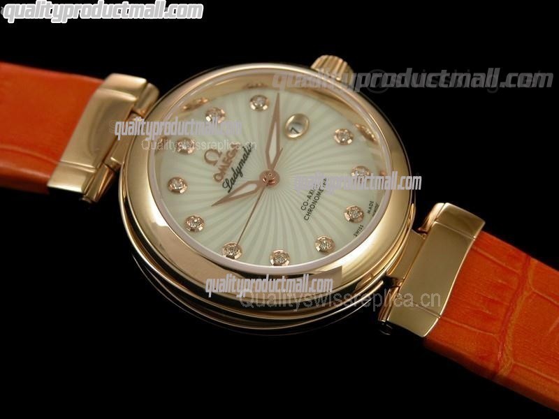 Omega Deville Ladymatic 18k Rose Gold Swiss Automatic Watch-White Coral Design Dial-Orange Leather strap