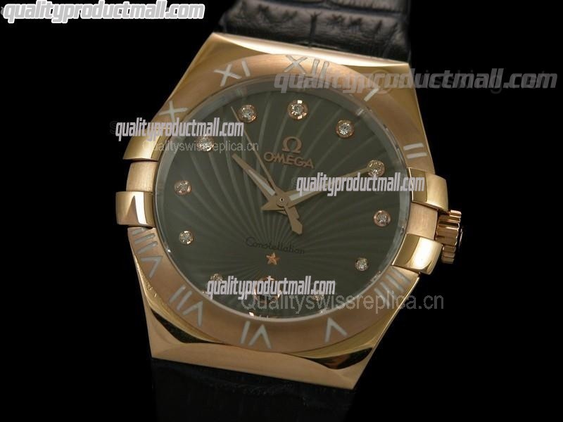 Omega Constellation Midsize 18k Rose Gold Swiss Quartz-Fan Shell Design Brown Dial-Black Leather Strap