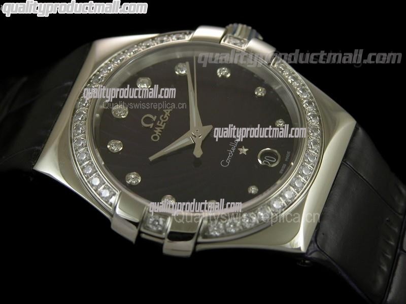 Omega Constellation Midsize Diamond-Fan Shell Design Magenta Dial-Black Leather Strap