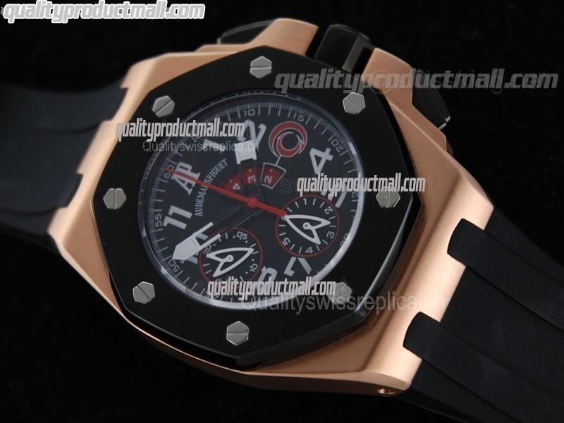 Audemars Piguet Royal Alinghi Team Chronograph 18K Pink Gold-Black Dial Numeral Hour Markers-Black Rubber Strap 