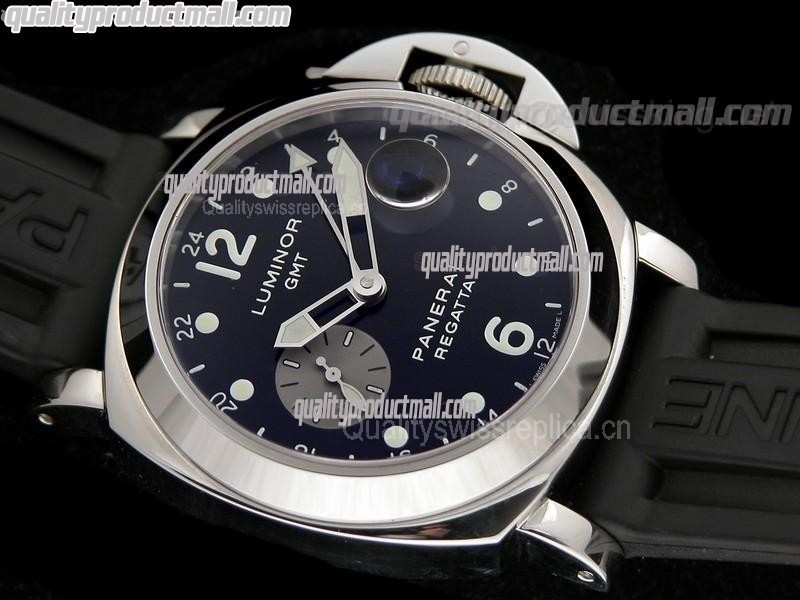 Panerai Regetta PAM156 GMT Automatic Chronograph-Black Dial Dot/Numeral markers-Black Rubber Strap